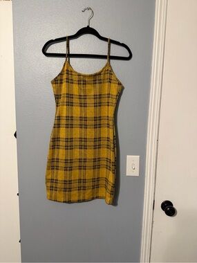 Yellow Plaid Spaghetti-Strap Mini Dress